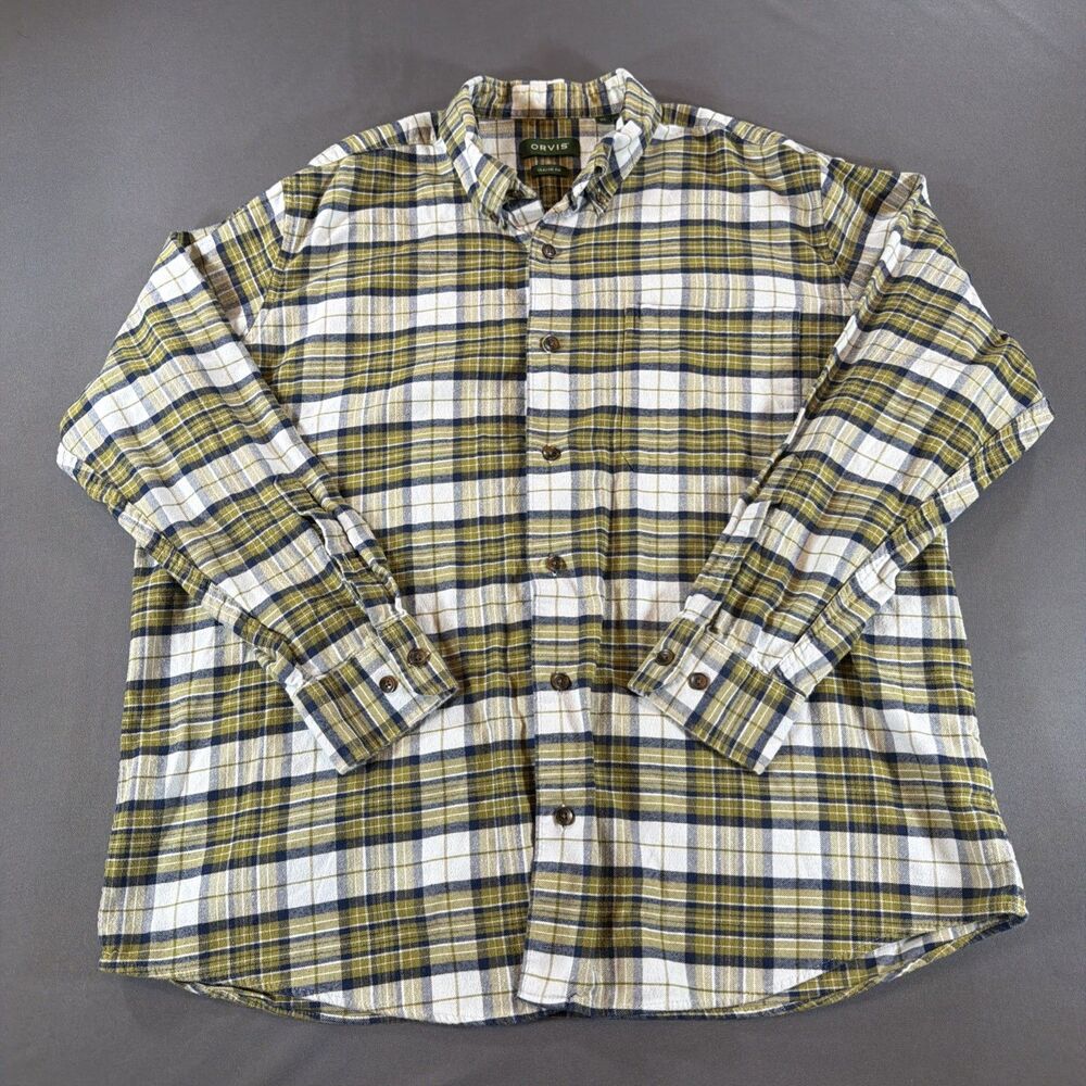 Orvis Mens XL Classic Plaid Flannel Button Down Green Blue Outdoor